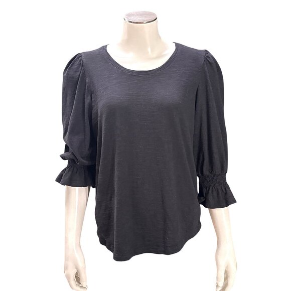 Chicos Size 1 Black Puff Sleeve Smocked Ruffle Cuff Knit Top Modern Minimalist - Picture 2 of 10